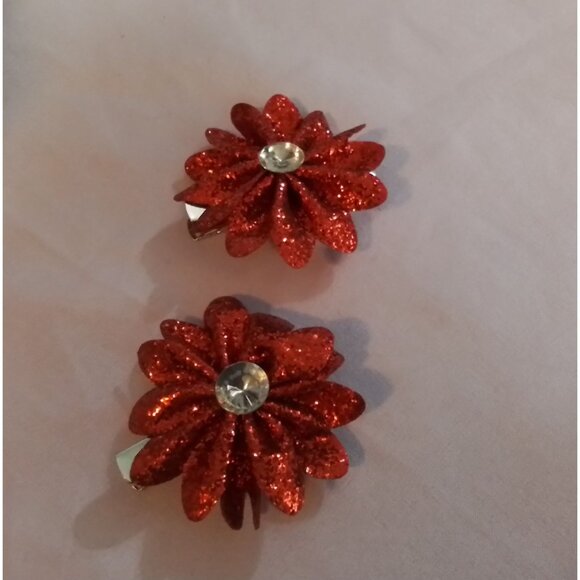 Set of 2 Red Glitter Flower Hair Clips Barrettes With Rhinestone Center - Picture 1 of 4